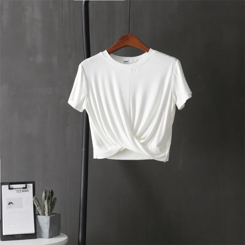 LHH-New Korean version of modal knotted short-sleeved t-shirt women's summer short slim sports casual top tide