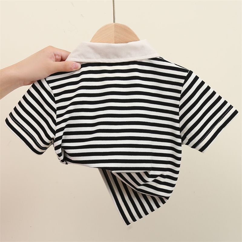 Children's lapel polo shirt 2023 summer new baby short-sleeved T-shirt boys striped casual cotton top trendy