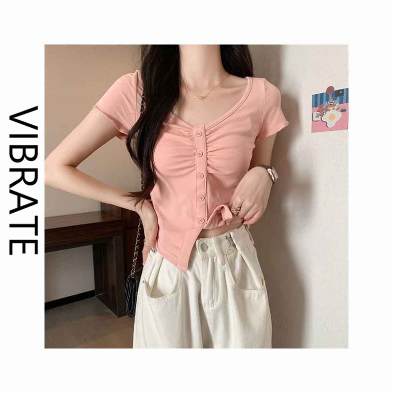 VIBRATE Temperament Fashion Slim Irregular Top New Chic Pure Desire V-neck Slim Short-sleeved T-shirt Versatile