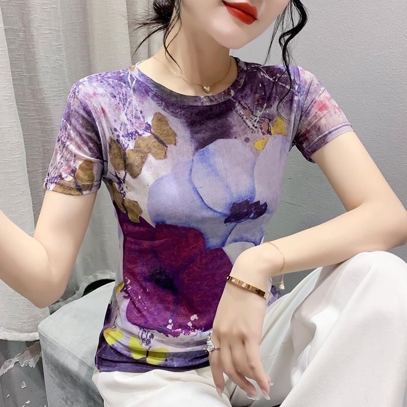2023夏季新款時尚印花短袖上衣女修身減齡別致百搭洋氣網紗T恤潮