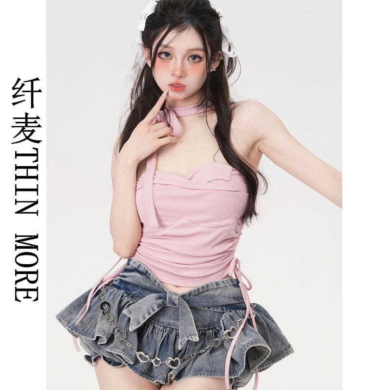 纖麥THIN MORE 辣妹風設計感抽繩抹胸上衣女2023夏季新款復古褶皺