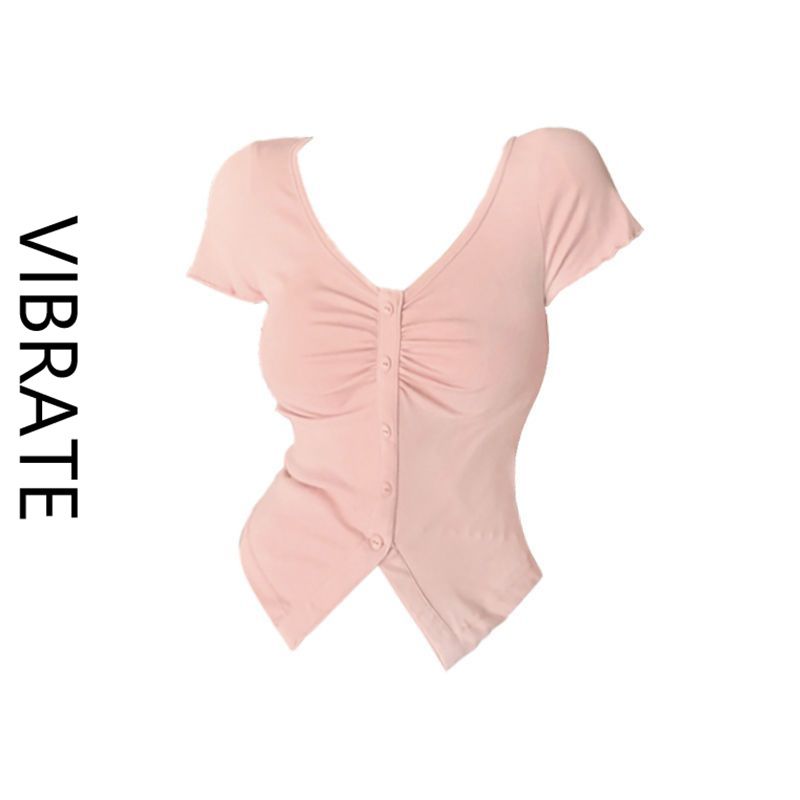 VIBRATE sweet and spicy pure desire wind waist niche pink top new fashion sweet ins pleated short-sleeved t-shirt