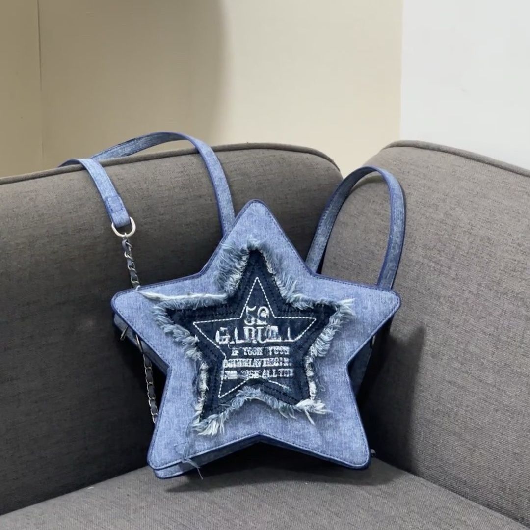 原創設計牛仔藍五角星雙肩包刺繡字母流蘇Y2K斜挎包