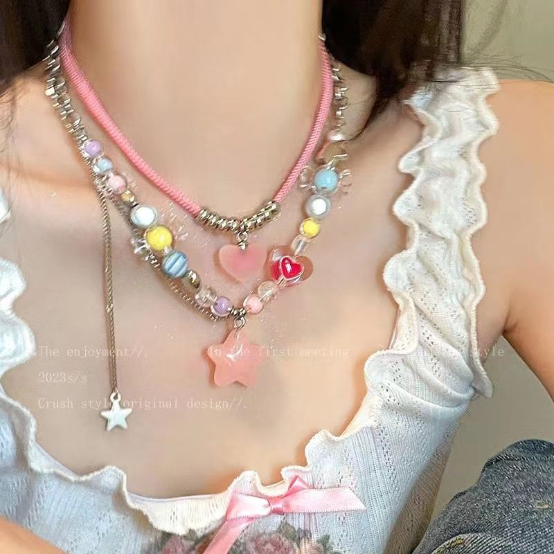 糖果樂園~多巴胺彩色串珠星星流蘇項鍊女氣質頸鏈甜酷辣妹鎖骨鏈