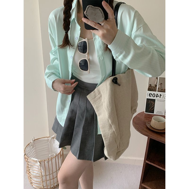 韓系清新chic長袖綠色條紋襯衫女春秋寬鬆防曬休閒設計感上衣開衫