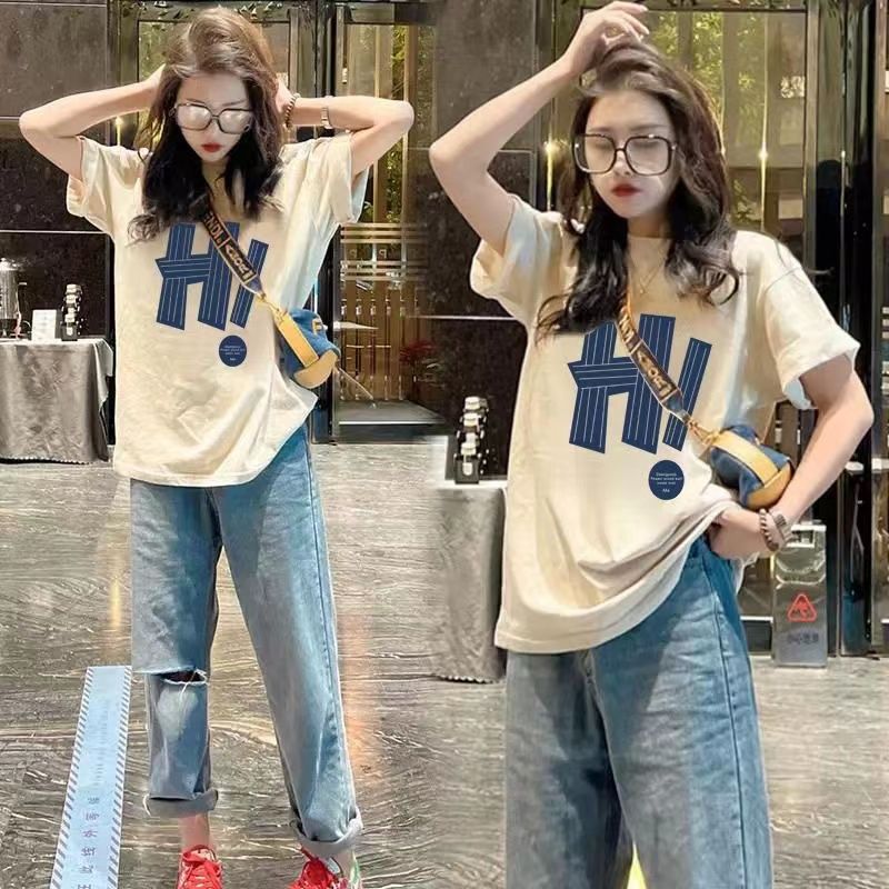 100%純棉短袖t恤女2023新款夏季oversize寬鬆印花顯瘦中長款上衣