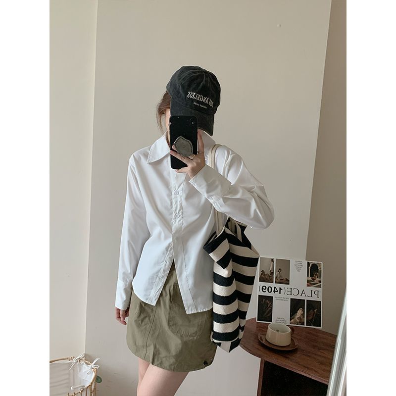 白色襯衫女長袖春秋法式v領襯衣2023新款ins設計感別致顯瘦上衣