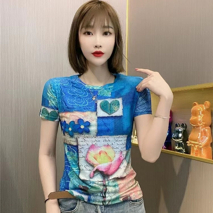 獨特别致網紗短袖t恤女夏季新款氣質修身顯瘦上衣時尚印花小衫潮