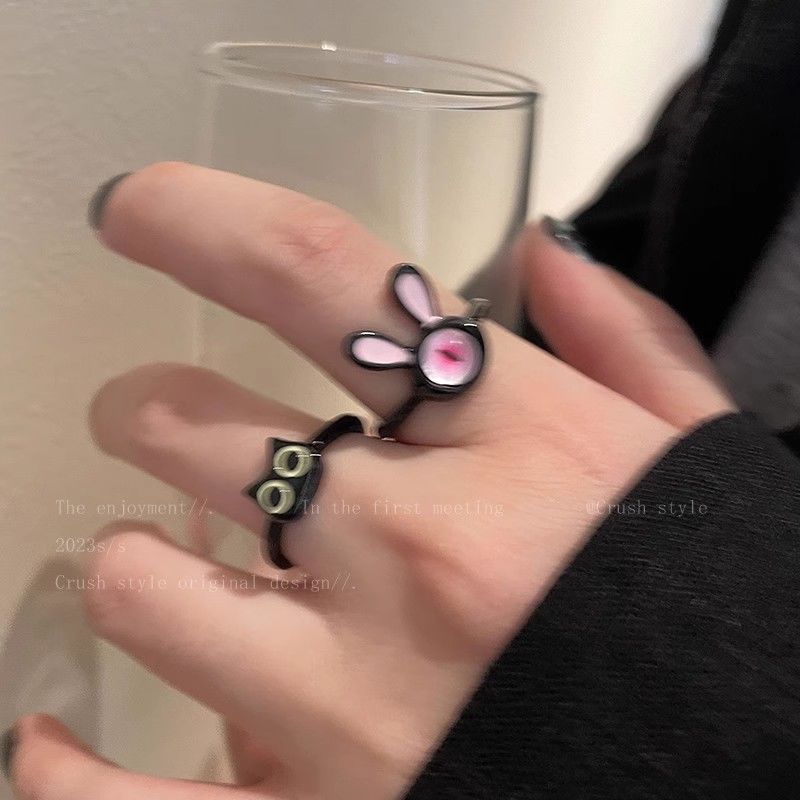 搞怪黑色小貓咪開口戒指女款小眾設計情侶閨蜜食指戒氣質裝飾指環