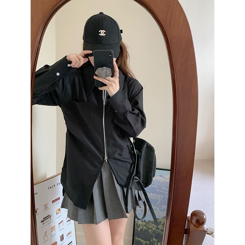 簡約黑色襯衫女長袖春秋法式氣質POLO領顯瘦設計感慵懶風拉鏈上衣