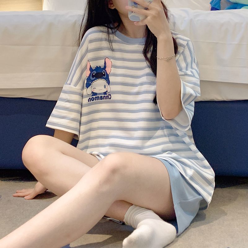 多巴胺睡衣女夏季純棉卡通史迪仔短袖套裝夏天條紋網紅薄款家居服