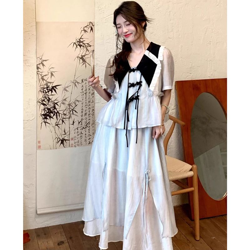 French style small fragrant wind puff sleeve shirt high waist half skirt two-piece set female new Chinese style temperament goddess Fan Xianshou suit