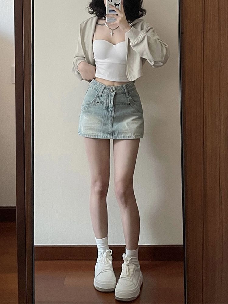 美式復古牛仔半身裙褲女夏季新款辣妹高腰包臀顯瘦百搭a字短裙子