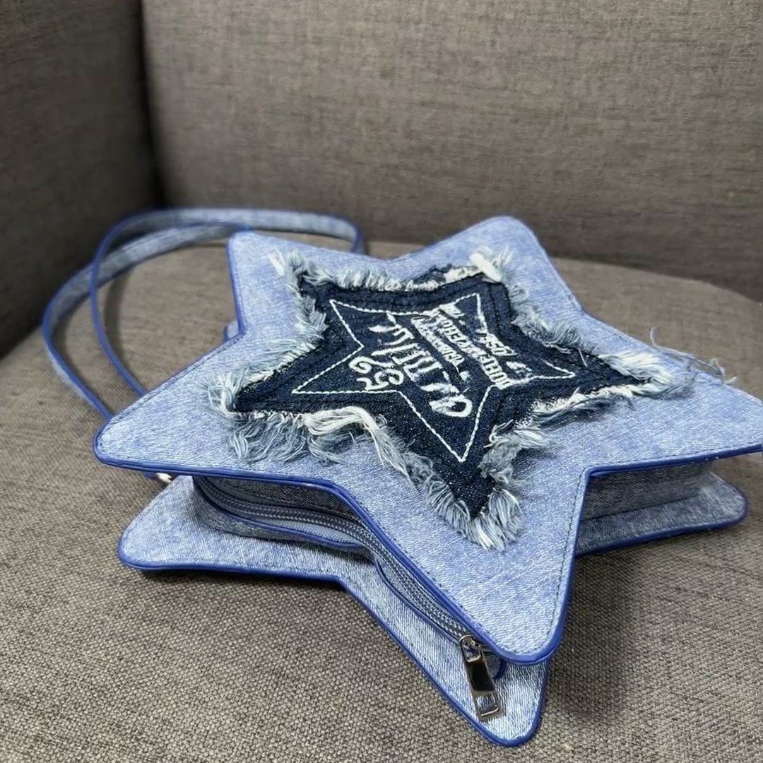 Original design denim blue five-pointed star backpack embroidered letters tassel Y2K crossbody bag