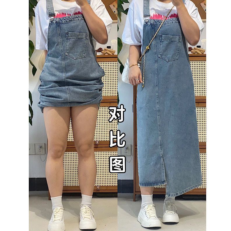 開叉牛仔背帶裙女春季2023新款復古高腰寬鬆顯瘦中長款減齡連衣裙