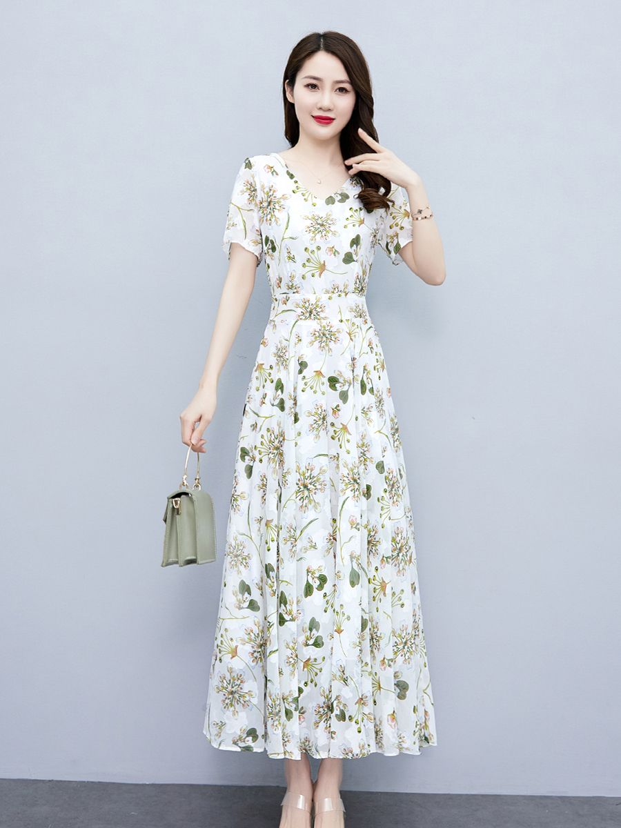 連衣裙女夏2023新款高檔雪紡收腰顯瘦高貴優雅氣質大擺碎花裙子女