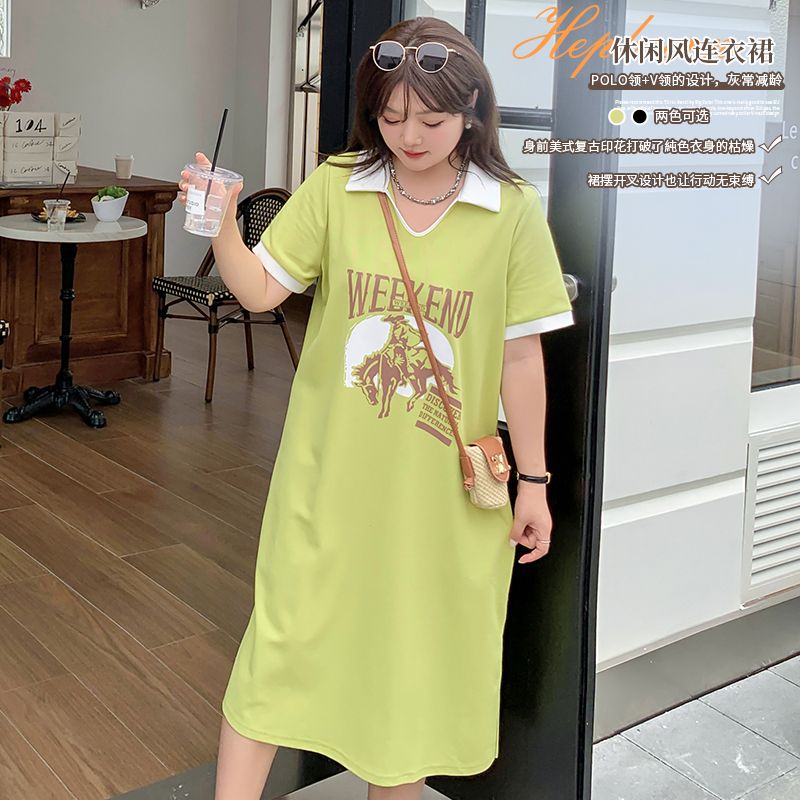 2023夏季遮肚子新款大碼女裝胖mm韓版POLO領休閒寬鬆連衣裙A115