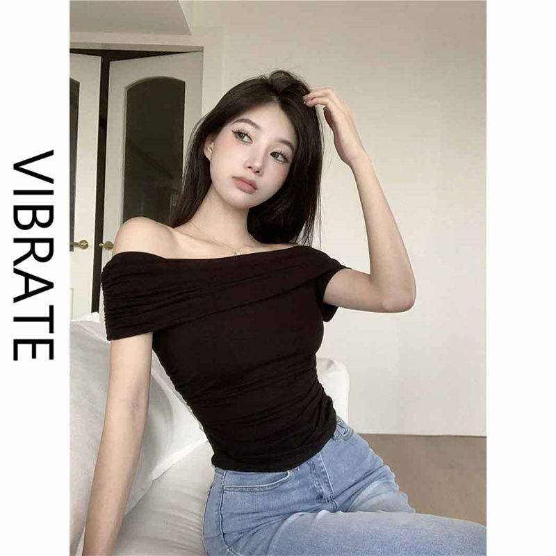 VIBRATE pure desire one-shoulder short-sleeved t-shirt women's summer 2023 new hot girl off-shoulder slim short top