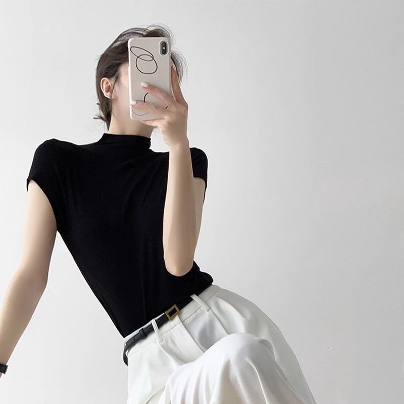 Half-high collar black cotton short-sleeved t-shirt women's summer 2023 new shoulder tight short hot girl top bottoming