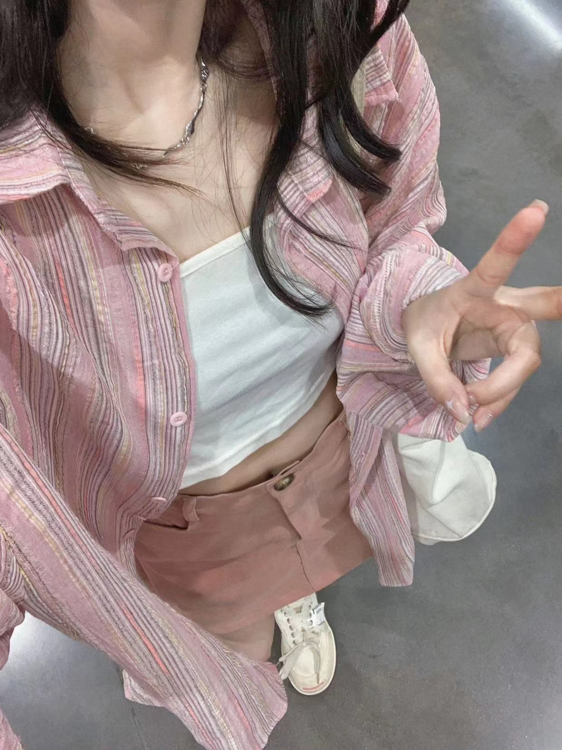 2023夏季薄款防曬襯衫外穿女寬鬆顯瘦甜美清新粉色條紋襯衣開衫潮