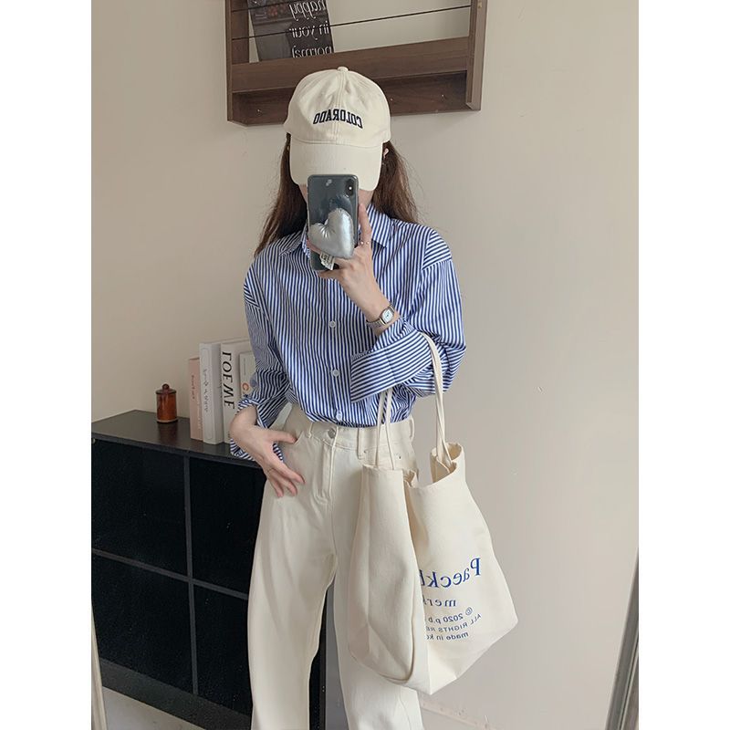 春秋慵懶風清新簡約藍白條紋襯衫外套港味復古寬鬆長袖上衣開衫女