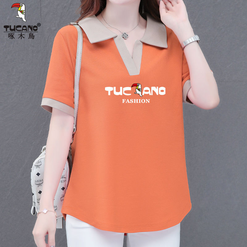 Woodpecker short-sleeved t-shirt top women's  summer new Polo collar loose large size women's clothing showing thin and covering the tide