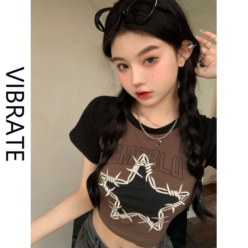 VIBRATE American retro color star short-sleeved T-shirt women's summer 2023 new hot girl short top