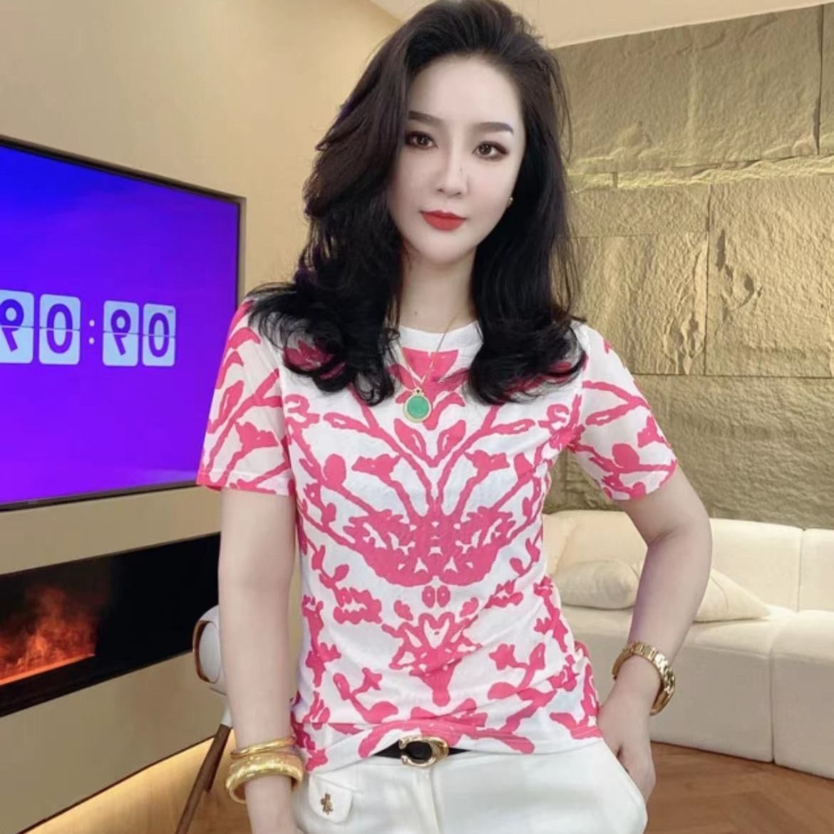 夏装新款韩版甜美圆领印花短袖时尚拼色气质修身显瘦减龄上衣