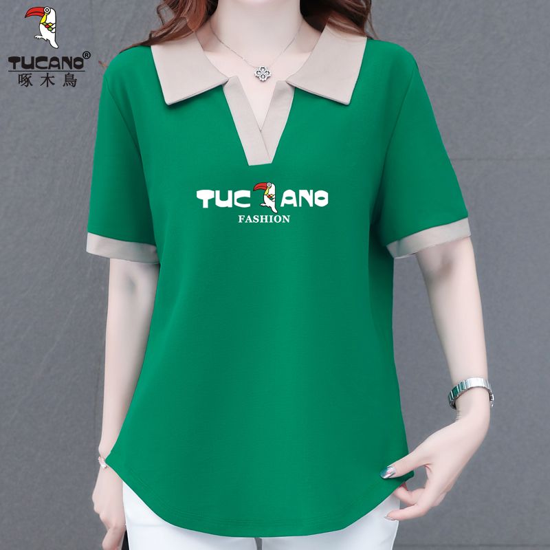 Woodpecker short-sleeved t-shirt top women's  summer new Polo collar loose large size women's clothing showing thin and covering the tide