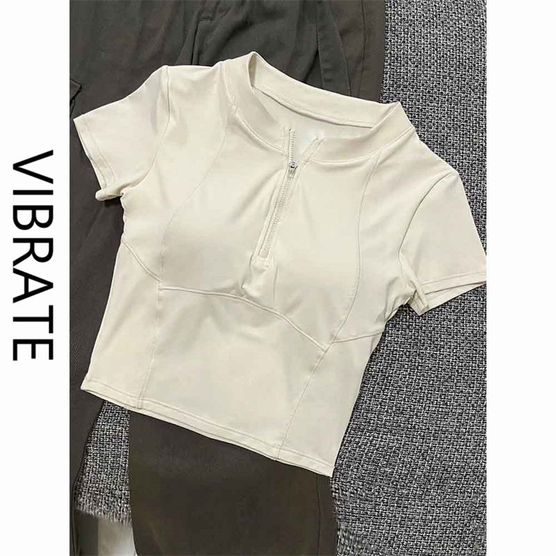 VIBRATE hot girl shoulder yoga clothing female summer 2023 short-sleeved slim top t-shirt running fitness clothing ins