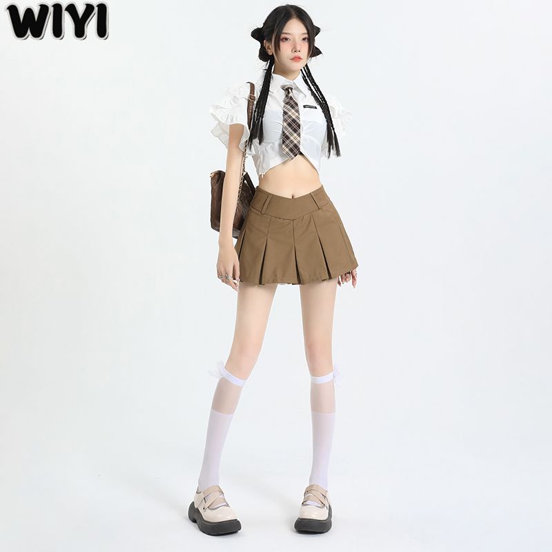 WIYI American retro khaki skirt for women summer new hot girl slimming slim a-line pleated skirt