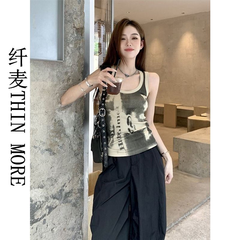 Fianmai THIN MORE Hot Girl Tie Dye Print 2023 Summer Round Neck Slim Vest Top T-shirt Women's Suspenders Wear Outerwear