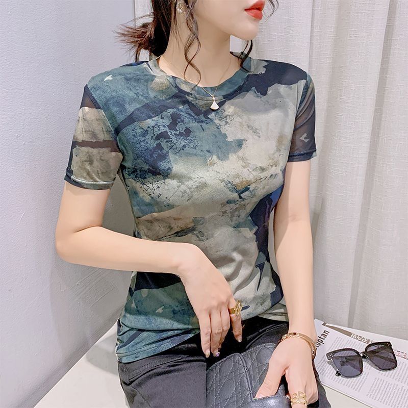 歐貨網紗T恤女短袖2023新款時尚印花圓領上衣顯瘦定位花小衫夏