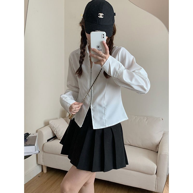 韓系chic小眾拉鏈襯衫女春秋短款設計感甜辣襯衣氣質長袖白色上衣