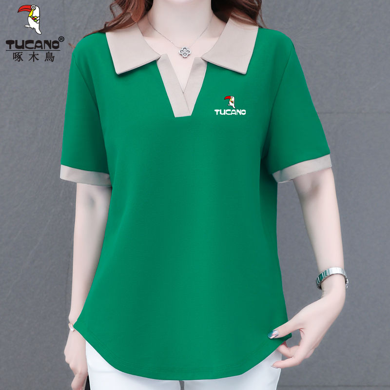 Woodpecker authentic printed short-sleeved t-shirt women's 2023 new large size loose summer women's fitting polo shirt
