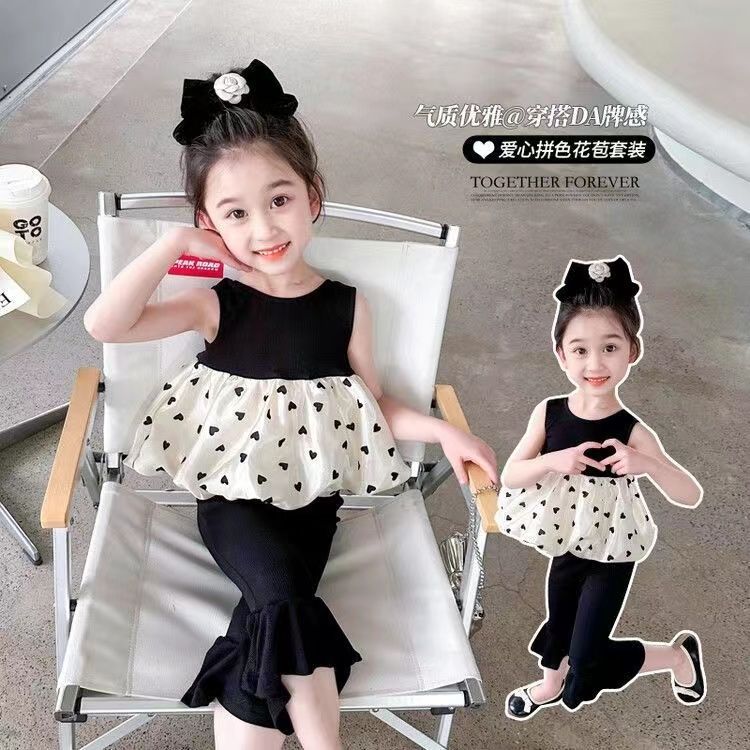 2023夏季新款韓版女童小童時髦可愛休閒寬鬆愛心泡泡裙套裝兩件套