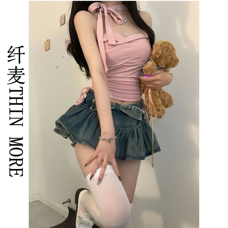 纖麥THIN MORE甜妹短款上衣女夏辣妹修身設計感抽繩吊帶背心小眾