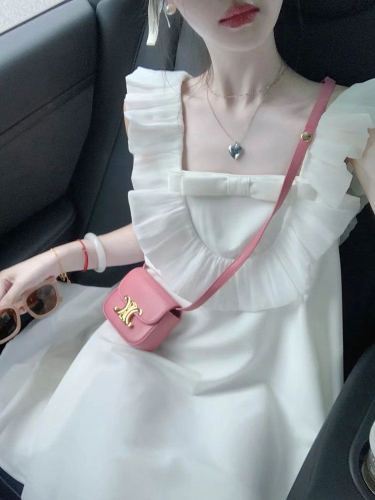 白色連衣裙女無袖荷葉邊韓版寬鬆顯瘦溫柔風甜美仙女公主裙春夏款