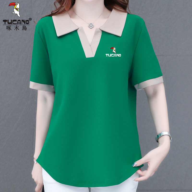 Woodpecker T-shirt short-sleeved women's  summer new POLO collar large size women's clothes showing thin body covering tops trendy