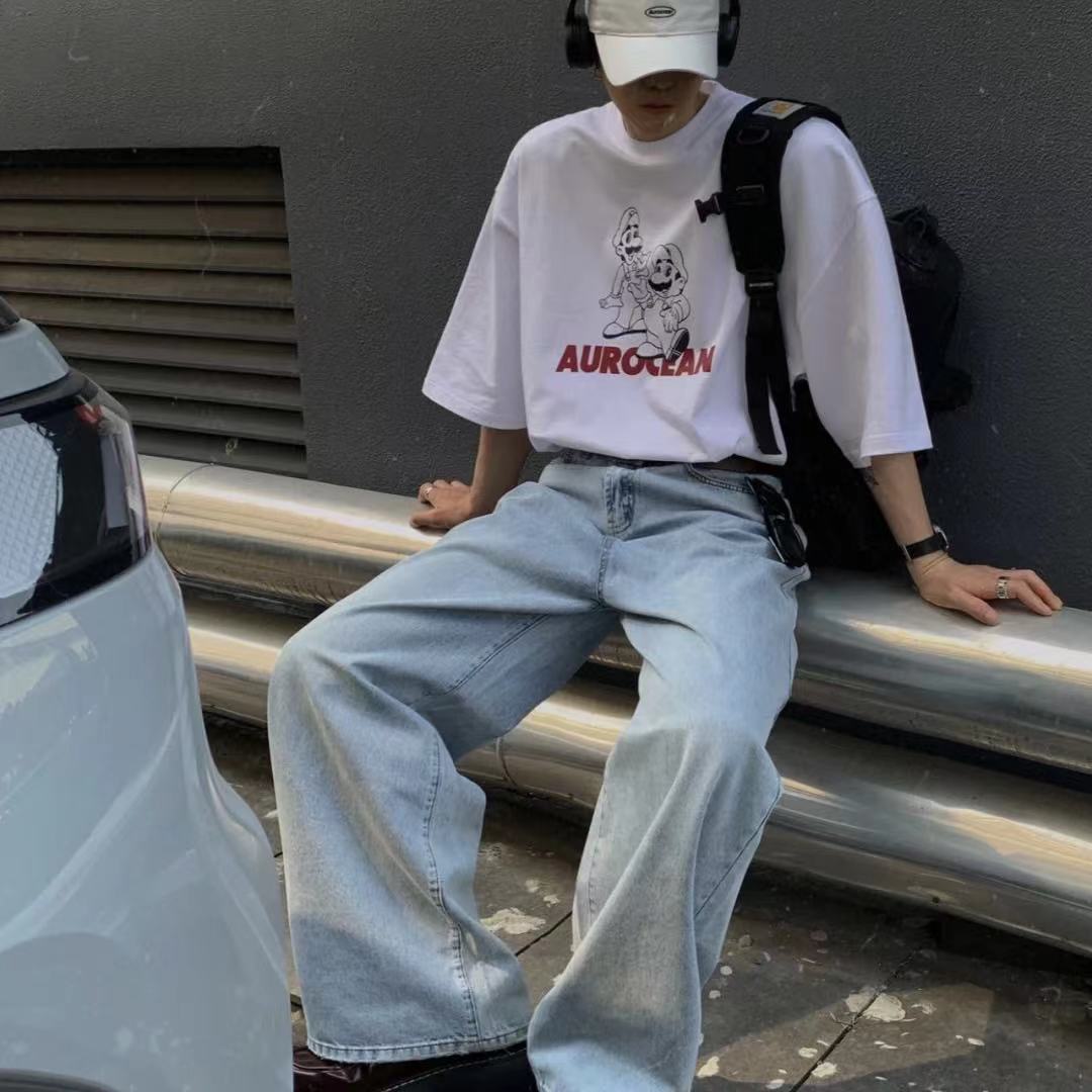 小眾韓版復古色高街百搭潮流寬鬆牛仔褲男直筒闊腿淺色拖地長褲子