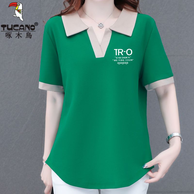 Woodpecker T-shirt short-sleeved women's  summer new POLO collar large size women's clothes showing thin body covering tops trendy