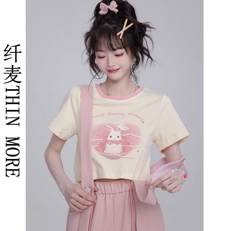 Fianmai THIN MORE sweet and cute drawstring short t-shirt for women 2023 slim round neck blush rabbit top ins