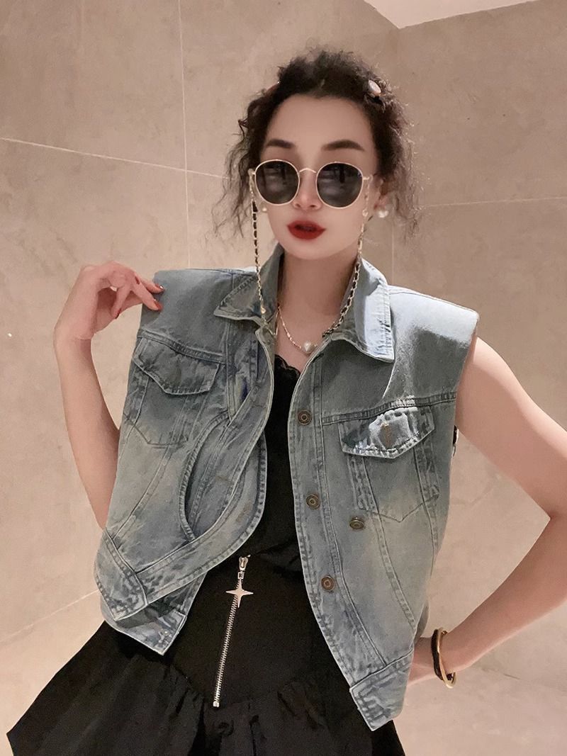 Retro Hong Kong style old washed denim vest women's spring and autumn new shoulder pads simple and thin Korean style outerwear vest tide