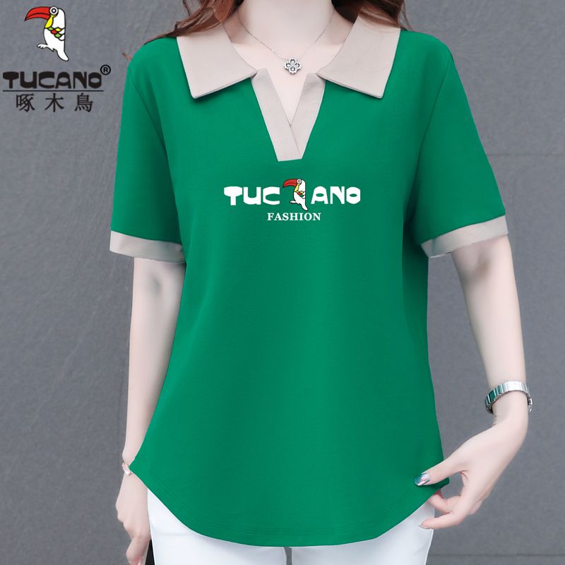 Woodpecker T-shirt short-sleeved women's  summer new POLO collar large size women's clothes showing thin body covering tops trendy