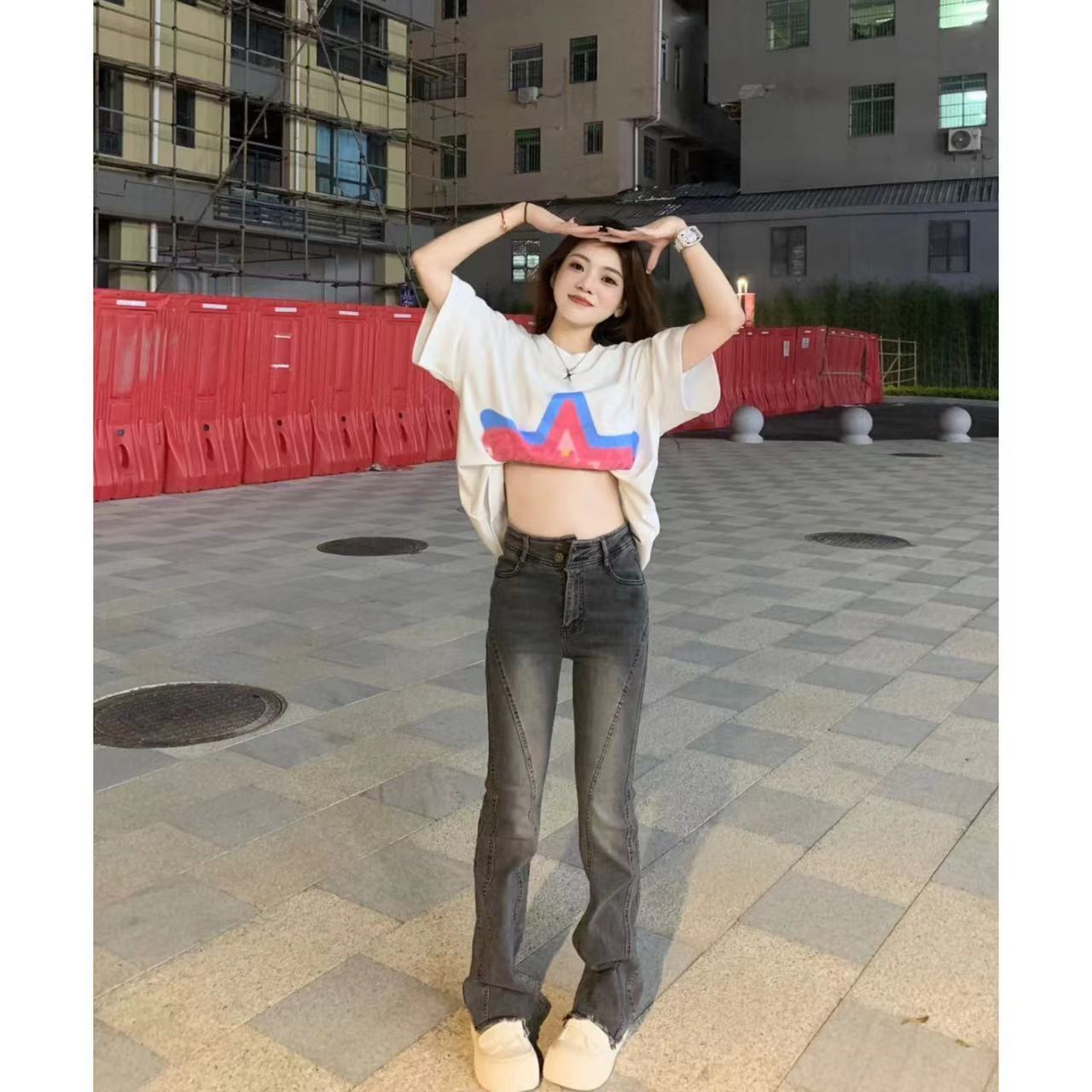 黑灰色微喇叭牛仔褲女修身顯瘦毛邊不規則春秋季拖地長褲彈力馬蹄