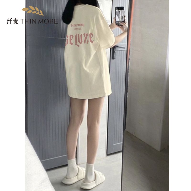纖麥2023新款韓版ins潮牌重磅100%純棉t恤女oversize寬鬆簡約短袖