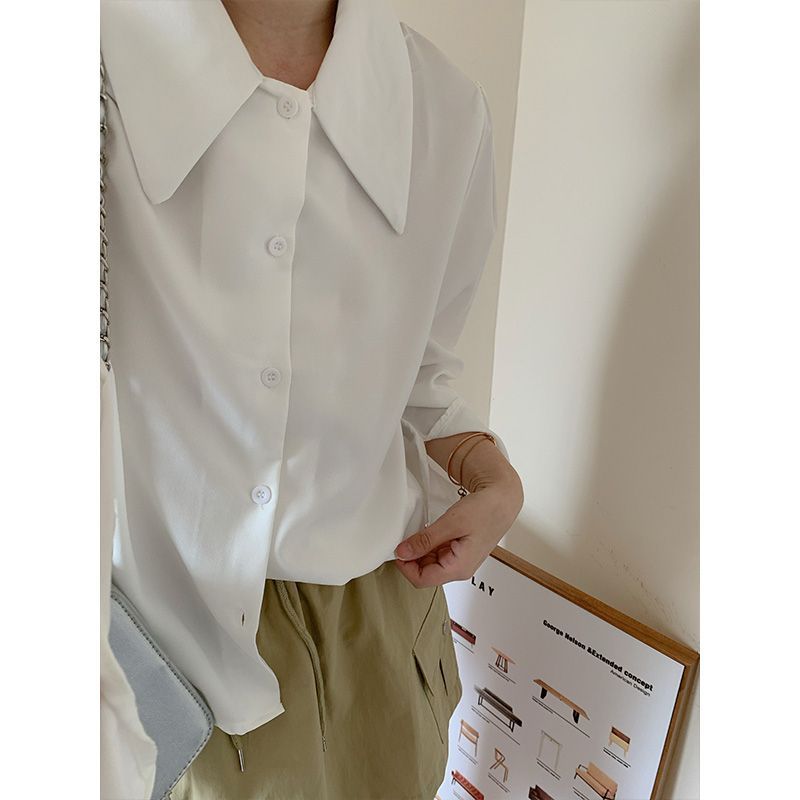韩版长袖衬衫女春秋季新款设计感小众港风白色通勤宽松大翻领上衣