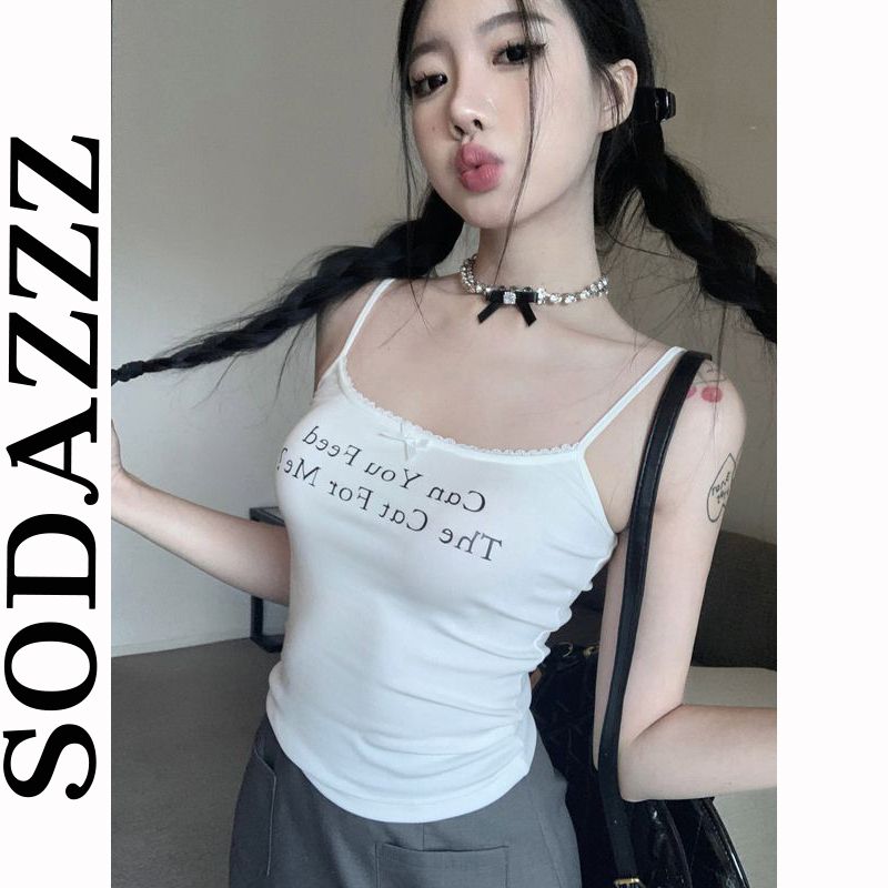 甜辣妹白色字母印花背心小吊帶女夏季蝴蝶結內搭短款修身上衣外穿