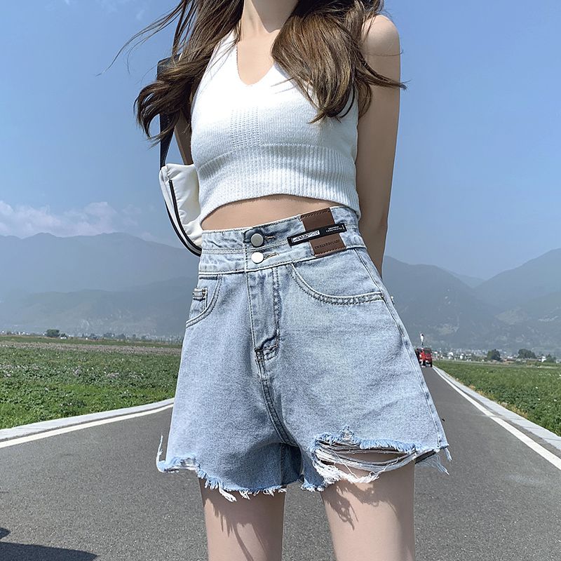 2023新款韓版顯瘦寬鬆高腰a字牛仔短褲女春夏季闊腿破洞熱褲潮ins