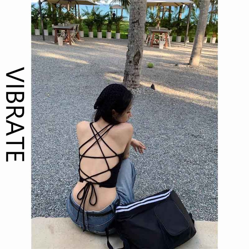 VIBRATE辣妹黑色露背吊帶背心女夏季設計感內搭綁帶美背短款上衣